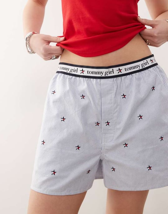 Tommy Jeans tommy girl embroidered boxer shorts in light blue - Image 2