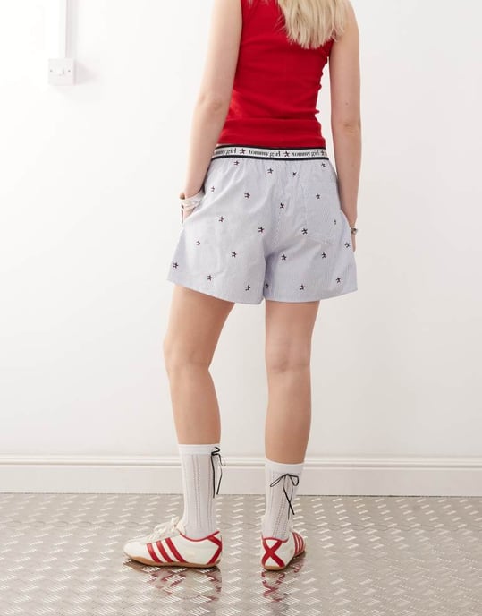 Tommy Jeans tommy girl embroidered boxer shorts in light blue - Image 4