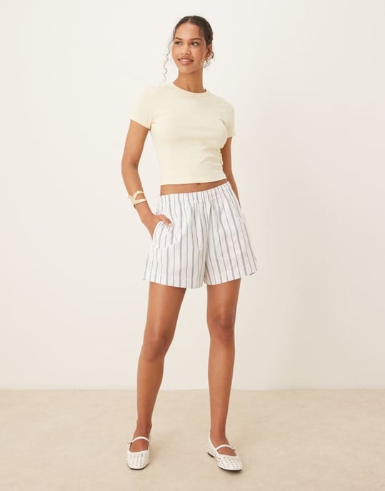 Abercrombie & Fitch tie waist poplin shorts in blue stripe - Image 3