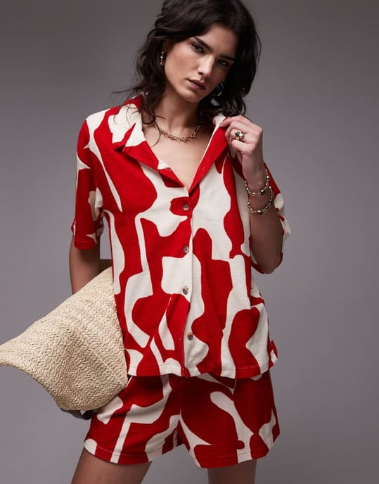 Topshop abstract print towelling shorts co-ord in red - Image 2