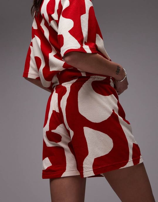 Topshop abstract print towelling shorts co-ord in red - Image 3