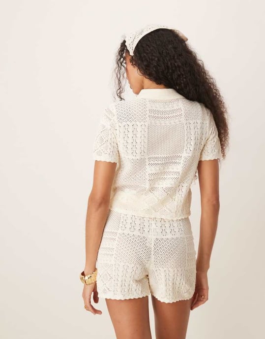 ASOS DESIGN knitted patchwork stitch short co-ord in cream - Image 3