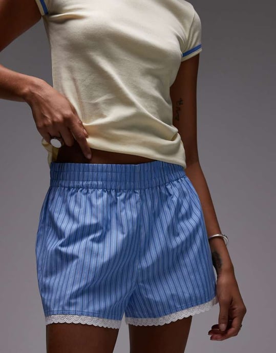 Topshop high waisted stripe lace trim boxer short in blue - Image 1