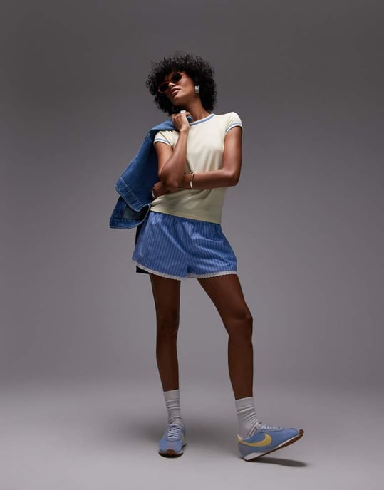 Topshop high waisted stripe lace trim boxer short in blue - Image 2