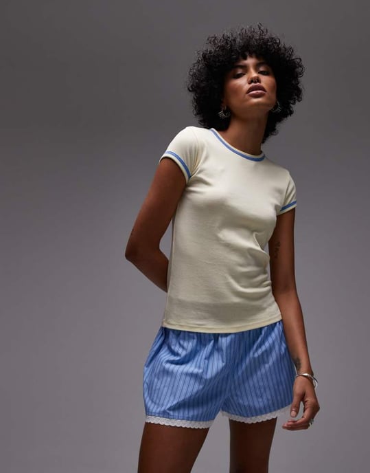 Topshop high waisted stripe lace trim boxer short in blue - Image 3