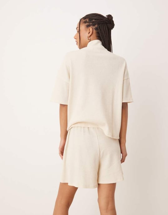Vila high waist waffle short co-ord in birch cream - Image 3