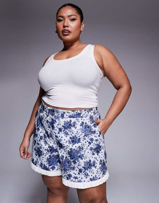 ASOS LUXE CURVE co-ord jacquard short with poplin contrast in blue floral - Image 2