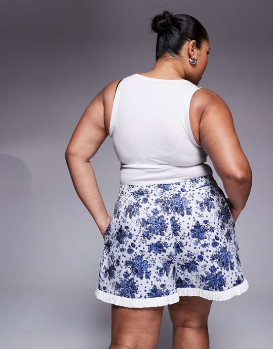 ASOS LUXE CURVE co-ord jacquard short with poplin contrast in blue floral - Image 3