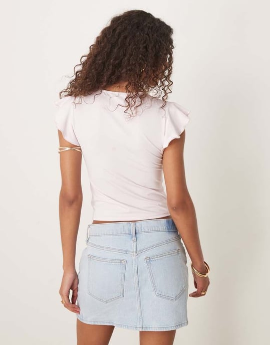 ASOS DESIGN boat neck top with ruffle sleeve in baby pink - Image 2