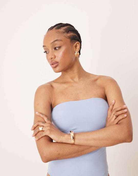 ASOS DESIGN Tall Maya sleek bandeau padded swimsuit in blue - Image 4