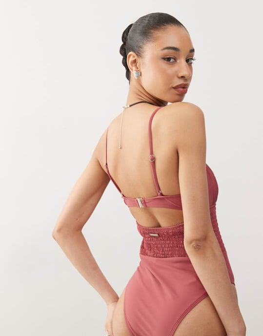Reclaimed Vintage swimsuit with shirred waist and cut out detail in pink - Image 4