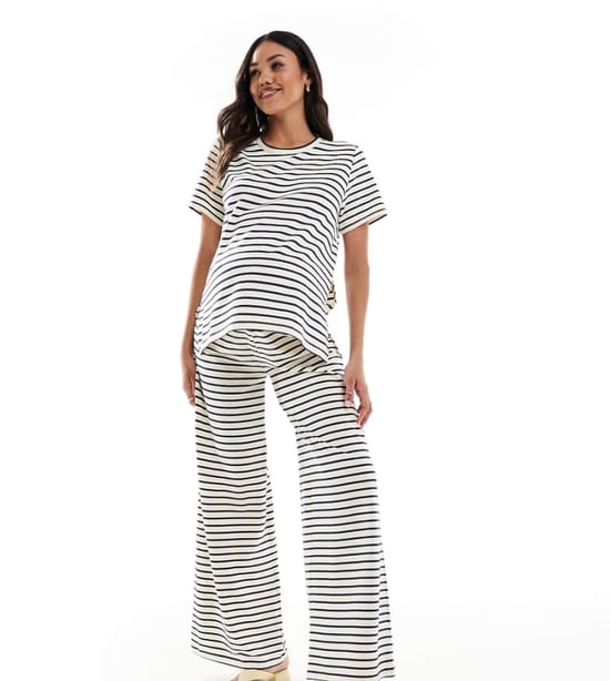 Mamalicious Maternity wide leg jersey trouser co-ord in cream and navy stripe - Image 1