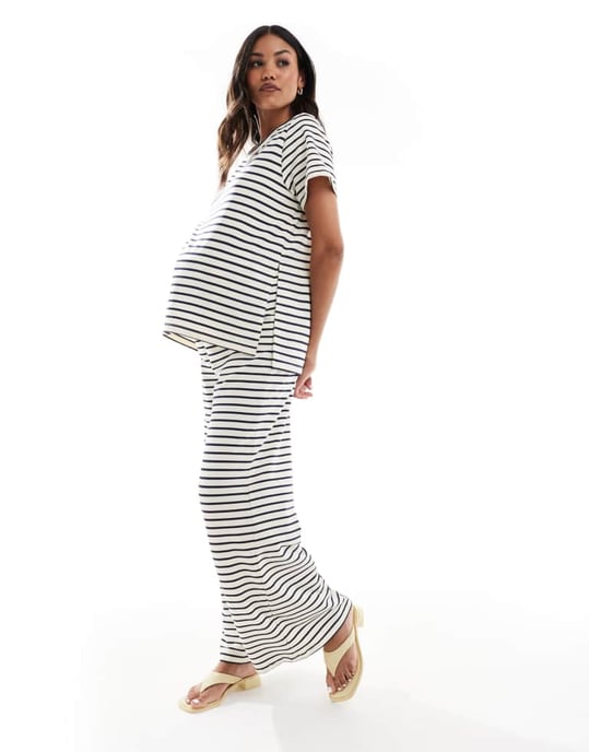 Mamalicious Maternity wide leg jersey trouser co-ord in cream and navy stripe - Image 2