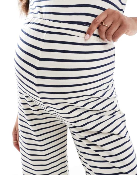 Mamalicious Maternity wide leg jersey trouser co-ord in cream and navy stripe - Image 3