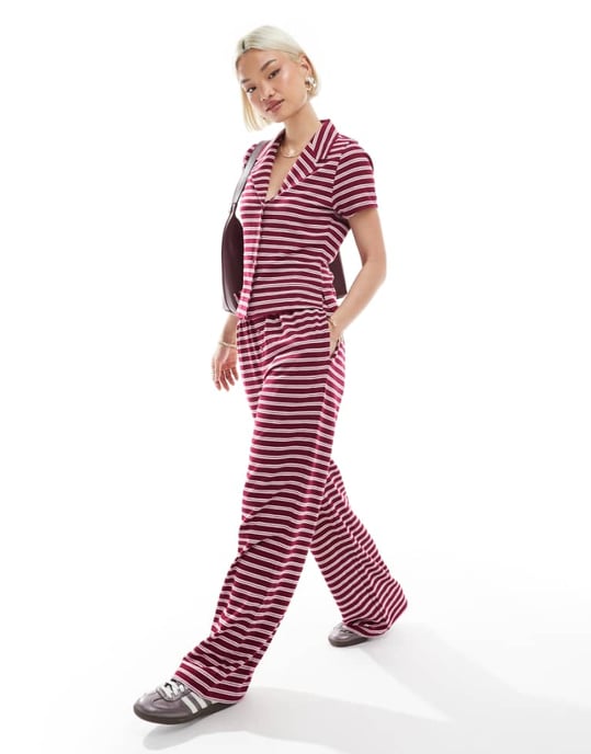 ASOS DESIGN wide leg trouser co-ord in burgundy stripe - Image 1