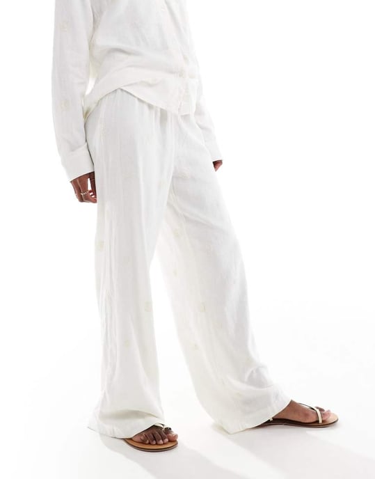 ONLY linen embroidered wide leg pull on trousers co-ord in white - Image 2