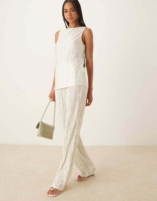 Vila high waist plisse wide leg trouser co-ord in pale silt green tie dye - Image 4