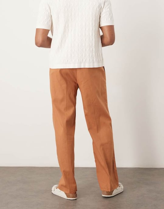 ASOS DESIGN smart wide leg linen blend trousers with double pleats in rust - Image 3