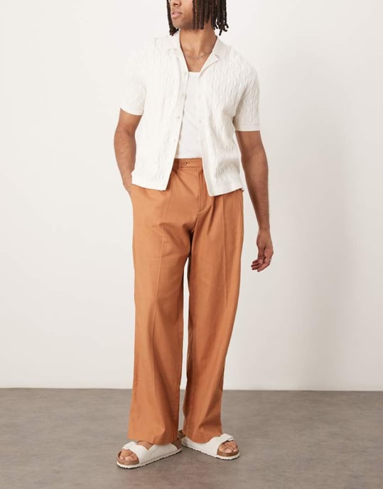 ASOS DESIGN smart wide leg linen blend trousers with double pleats in rust - Image 4