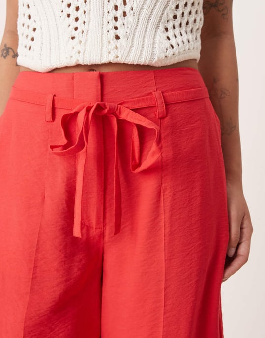 ASOS DESIGN Petite tailored wide leg trousers co-ord with tie belt in red - Image 2