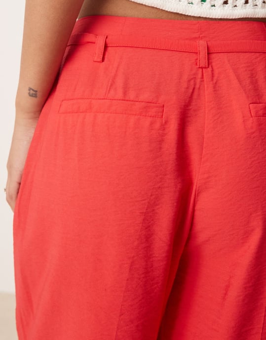 ASOS DESIGN Petite tailored wide leg trousers co-ord with tie belt in red - Image 3