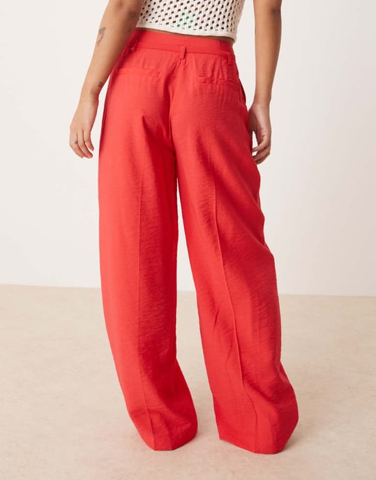 ASOS DESIGN Petite tailored wide leg trousers co-ord with tie belt in red - Image 4