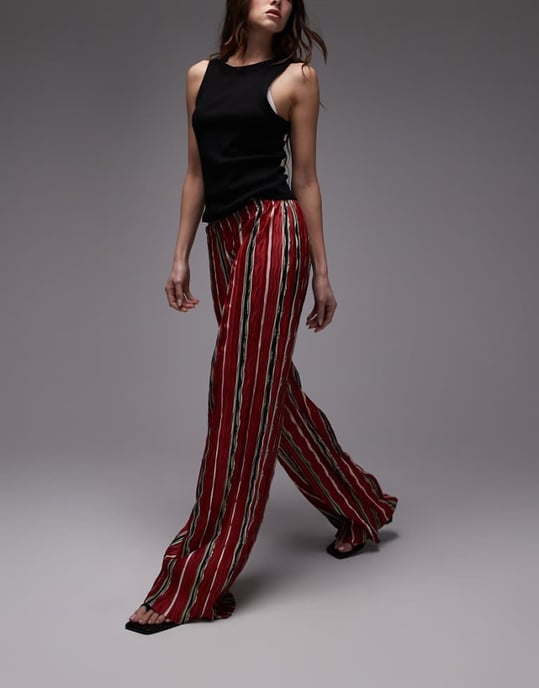 Topshop stripe plisse wide leg trouser in red - Image 1