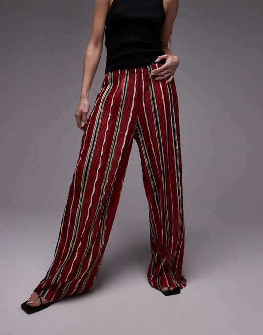 Topshop stripe plisse wide leg trouser in red - Image 2