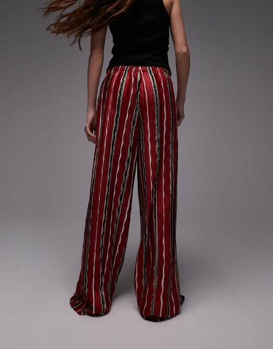 Topshop stripe plisse wide leg trouser in red - Image 3