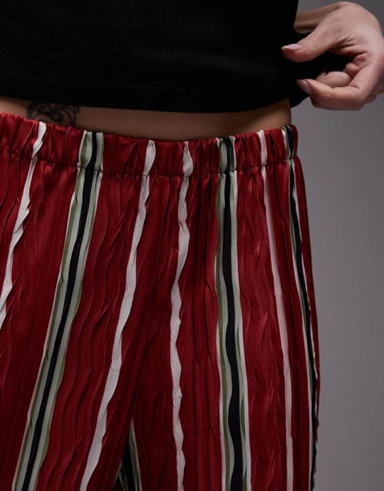 Topshop stripe plisse wide leg trouser in red - Image 4