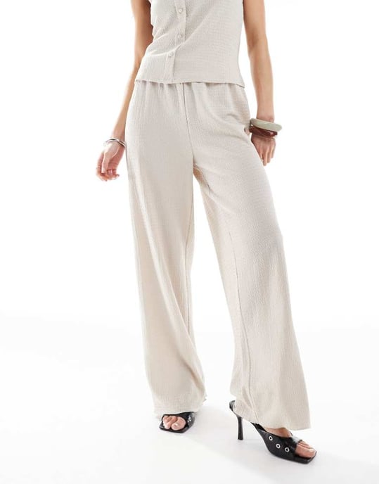 Vero Moda textured jersey wide leg trouser co-ord in beige - Image 3
