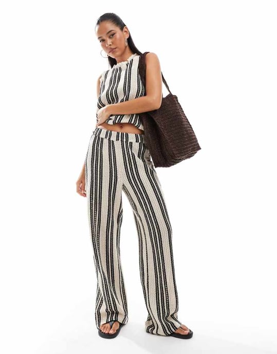 Object open knit wide leg trouser co-ord in monochrome stripe - Image 1