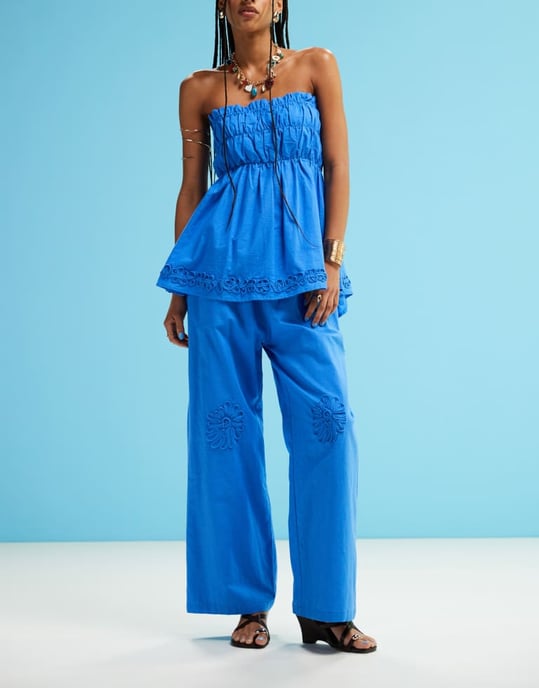 SNDYS linen blend poplin flower applique wide leg trousers in bright blue - Image 2