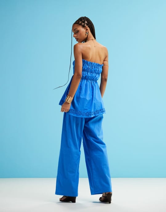 SNDYS linen blend poplin flower applique wide leg trousers in bright blue - Image 4