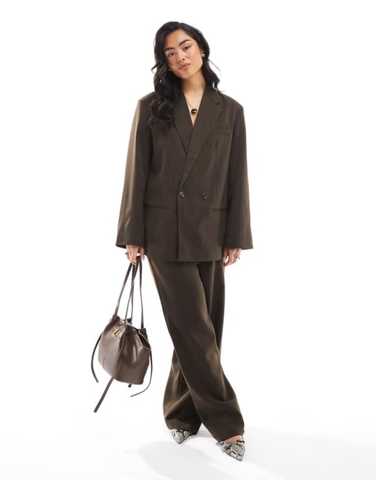 Pieces wide leg tailored trousers co-ord in chocolate brown pinstripe - Image 1