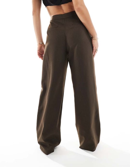 Pieces wide leg tailored trousers co-ord in chocolate brown pinstripe - Image 4