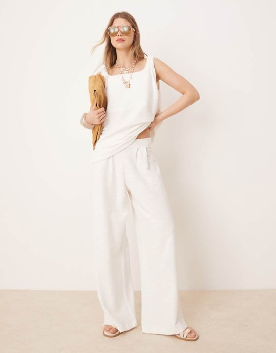 ASOS DESIGN pleat front wide leg trouser in white boucle jersey - Image 1