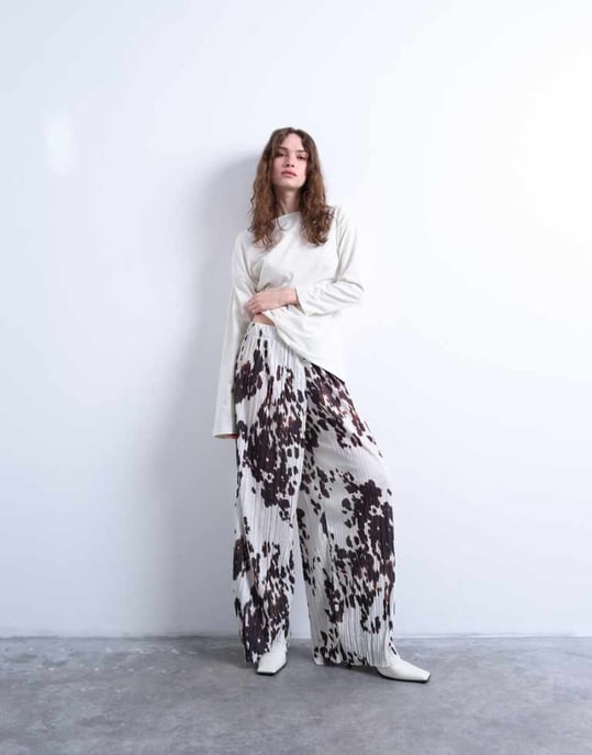 Topshop crinkle wide leg trousers in cow print - Image 1