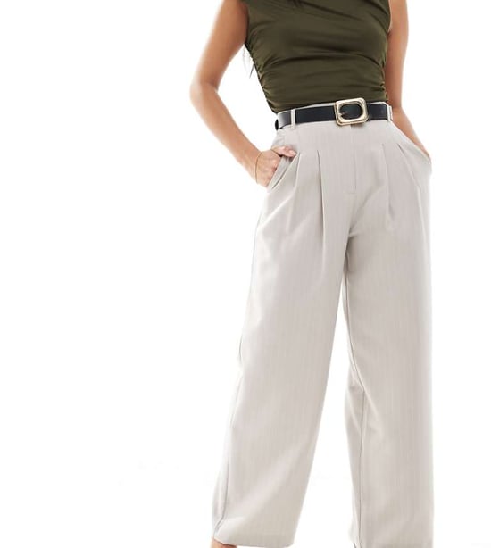 Miss Selfridge Petite wide leg tailored trouser in beige pinstripe - Image 1