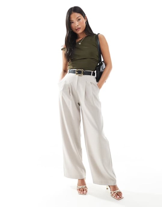 Miss Selfridge Petite wide leg tailored trouser in beige pinstripe - Image 2