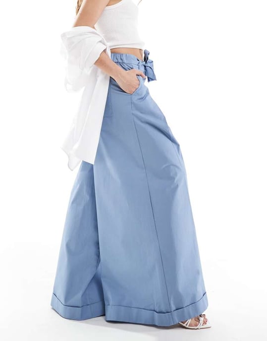 ASOS DESIGN super wide leg trousers with tie belt in blue - Image 3