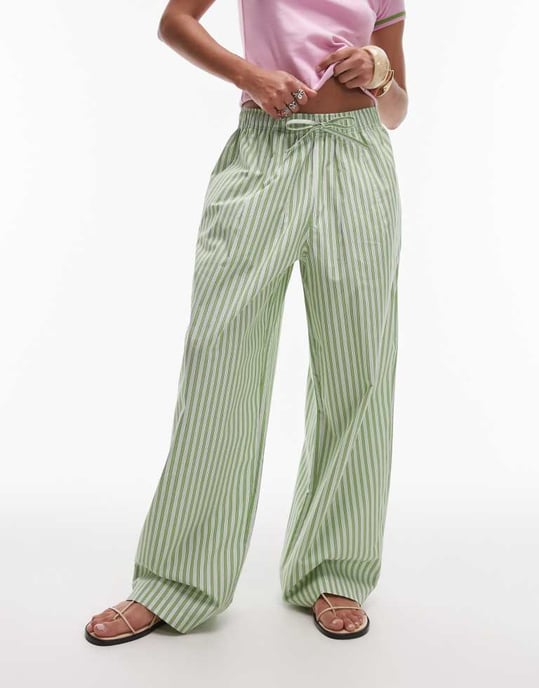 Topshop poplin pull on wide leg trouser in green stripe - Image 2
