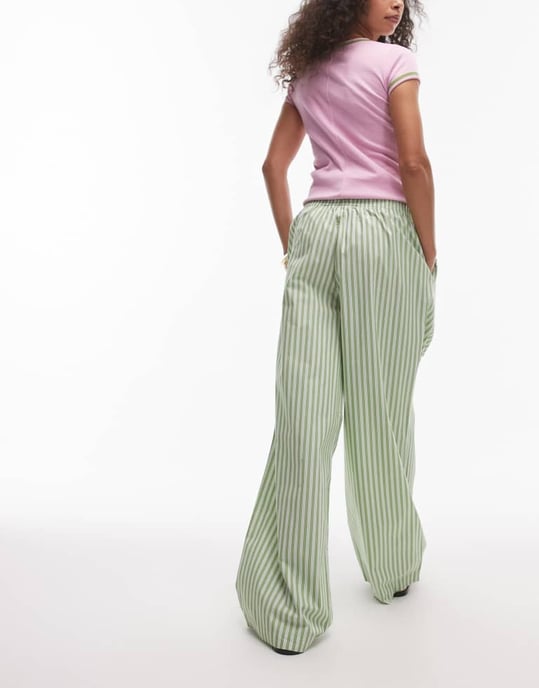 Topshop poplin pull on wide leg trouser in green stripe - Image 4