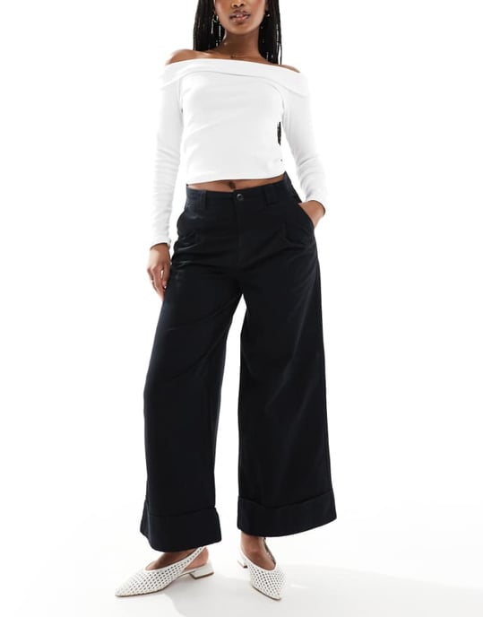 ASOS DESIGN brushed wide leg turn up ankle grazer in black - Image 1