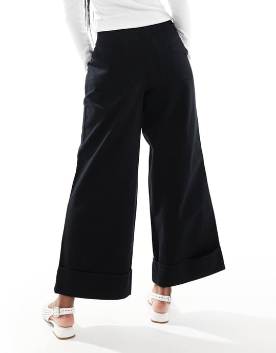 ASOS DESIGN brushed wide leg turn up ankle grazer in black - Image 2