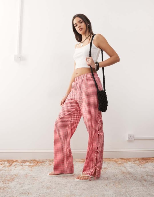 Noisy May wide leg side tie detail trousers in red gingham - Image 1