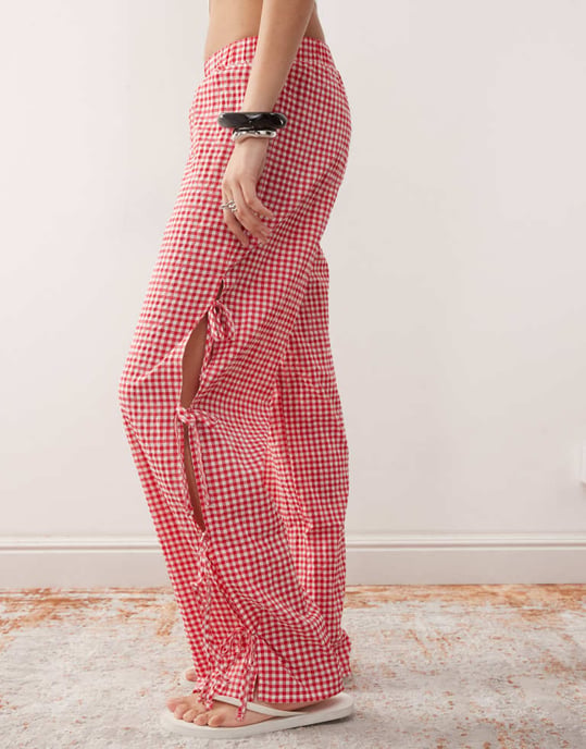 Noisy May wide leg side tie detail trousers in red gingham - Image 3
