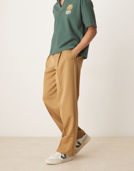 ASOS DESIGN smart wide leg trousers with inverted pleats in camel - Image 1