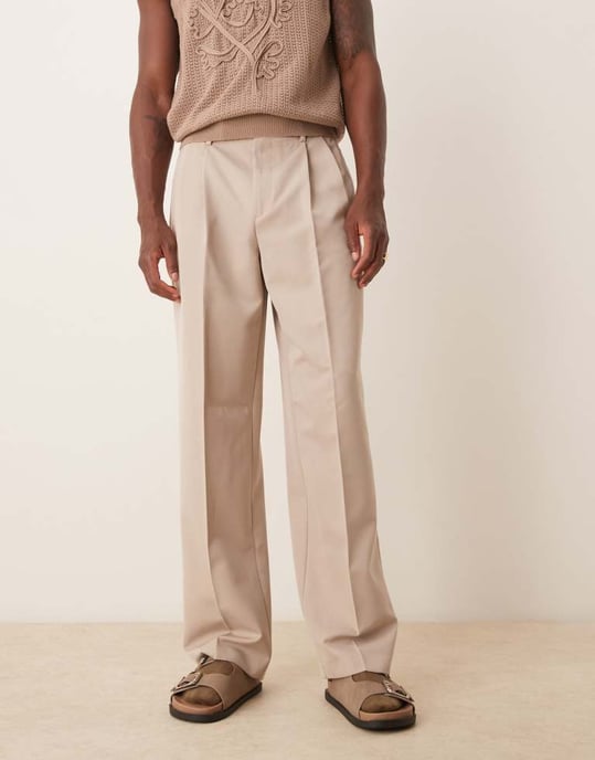 ASOS DESIGN smart wide leg trousers with double pleats in stone - Image 2