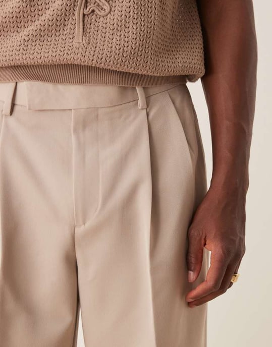 ASOS DESIGN smart wide leg trousers with double pleats in stone - Image 3
